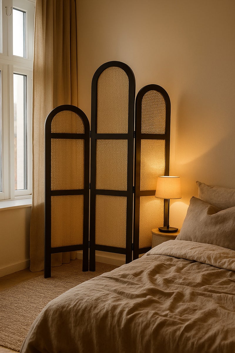 ماريا هومز مقسم غرفة من الراتان بثلاث لوحات مع إطار أسود – شاشة خصوصية حديثة مقوسة بطول 121×180 سم - Image 1