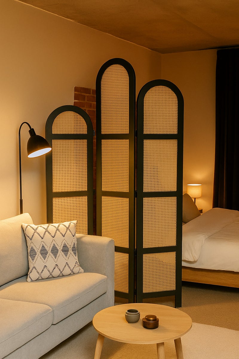 ماريا هومز مقسم غرفة من الراتان بثلاث لوحات مع إطار أسود – شاشة خصوصية حديثة مقوسة بطول 121×180 سم - Image 2