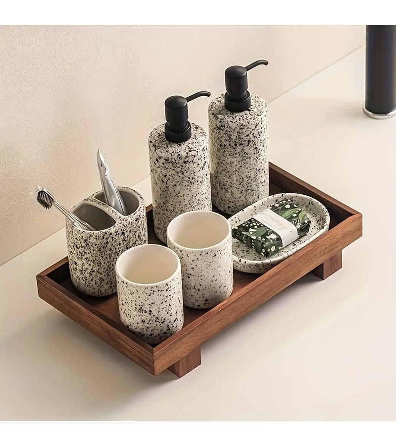 Walnut Bathroom Tray 11x8 Inch Non Slip Minimalist Marble Organizer - Image 2