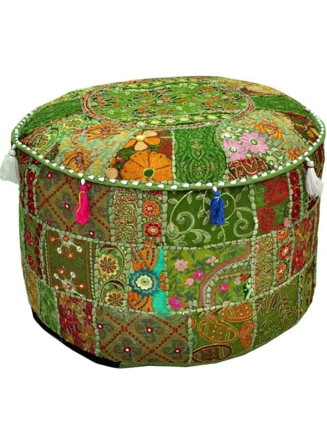 Aakriti Gallery Indian Pouf Footstool Ethnic Embroidered Pouf Cover, Indian Cotton Round Pouffe Ottoman Pouf Cover Pillow Ethnic Decor Art - Cover Only (Green, 22X14) - Image 1