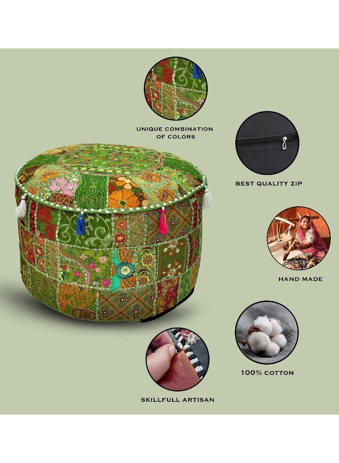 Aakriti Gallery Indian Pouf Footstool Ethnic Embroidered Pouf Cover, Indian Cotton Round Pouffe Ottoman Pouf Cover Pillow Ethnic Decor Art - Cover Only (Green, 22X14) - Image 4