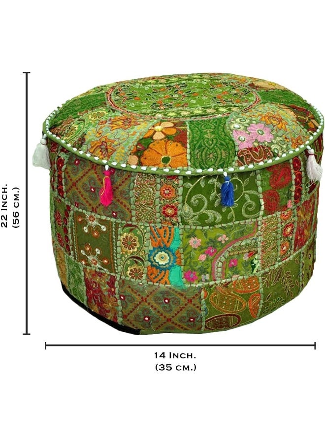 Aakriti Gallery Indian Pouf Footstool Ethnic Embroidered Pouf Cover, Indian Cotton Round Pouffe Ottoman Pouf Cover Pillow Ethnic Decor Art - Cover Only (Green, 22X14) - Image 3