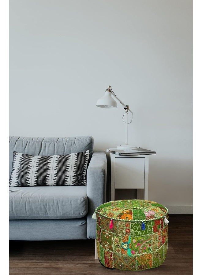 Aakriti Gallery Indian Pouf Footstool Ethnic Embroidered Pouf Cover, Indian Cotton Round Pouffe Ottoman Pouf Cover Pillow Ethnic Decor Art - Cover Only (Green, 22X14) - Image 2