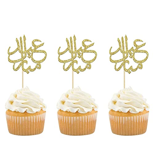 Confetti! 24Pcs Gold Glitter Eid Mubarak Cupcake Toppers Arabic Happy Eid Ramadan Kareem Cake Decorations Islamic Muslim Party Supplies Decorations - Image 1
