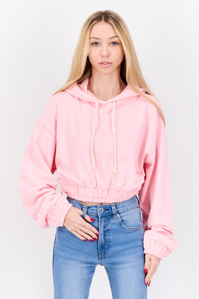 NIA Women Long Sleeve Plain Hoodei, Pink - Image 1