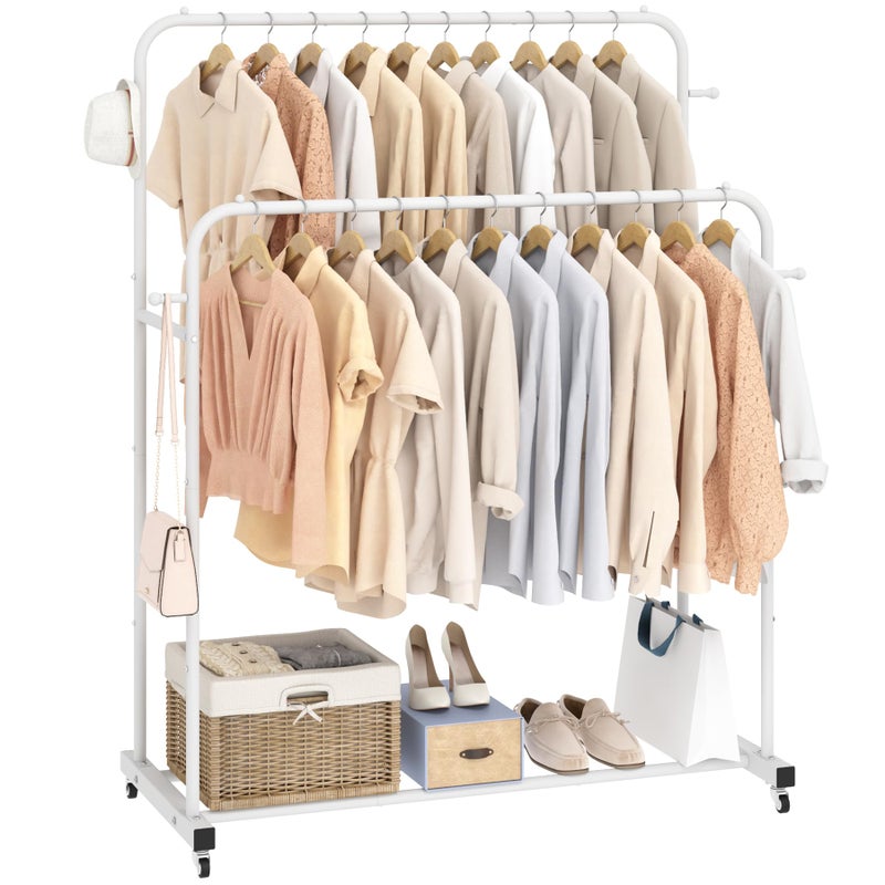 Laiensia Double Rods Garment Rack with Wheels Clothing Rack for Hanging Clothes4 Hooks Multifunctional Bedroom Clothes Rack White