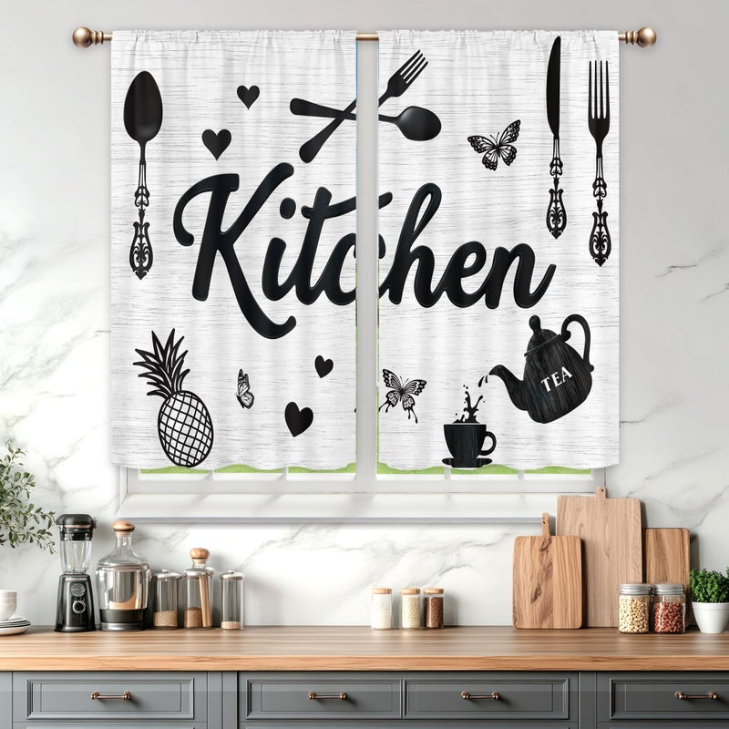 Mitpok Black and White Kitchen Curtains for Bedroom 27.5Wx39H Inch Rod Pocket Farmhouse Rustic Grey Country Short Small Funny Fork Spoon Wooden 2 Panel Window Treatment Set for Living Room Decor - Image 1