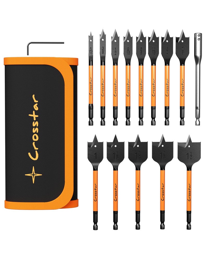 Crosstar 13-Piece Spade Drill Bit Set with 6" Extension, Black Oxide Coated, 1/4" to 1-1/2" Sizes, for Woodworking, DIY & Electrical Projects - Image 1