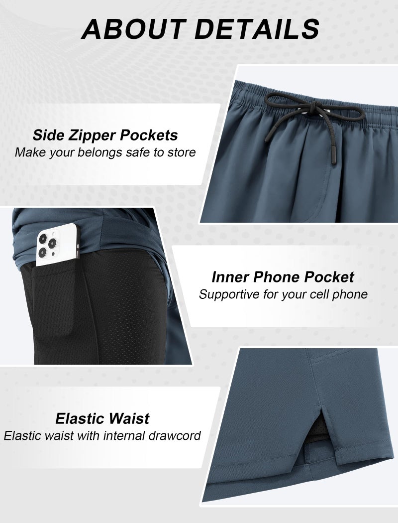 veepro Mens Gym Shorts 2 in 1 Workout Running Shorts 7 inch Quick Dry Lightweight Athletic Shorts with Compression Liner Zip Pocket Blue Gray L - Image 3
