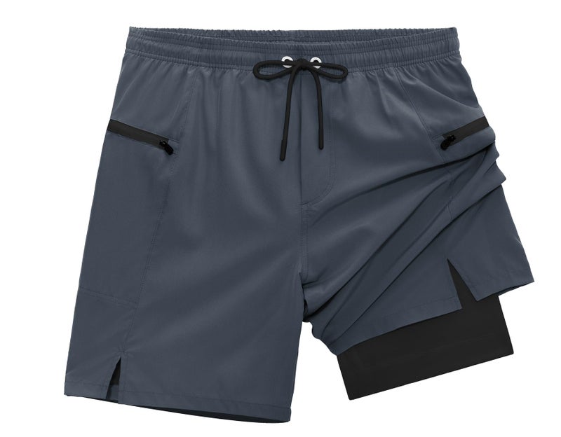 veepro Mens Gym Shorts 2 in 1 Workout Running Shorts 7 inch Quick Dry Lightweight Athletic Shorts with Compression Liner Zip Pocket Blue Gray L - Image 1
