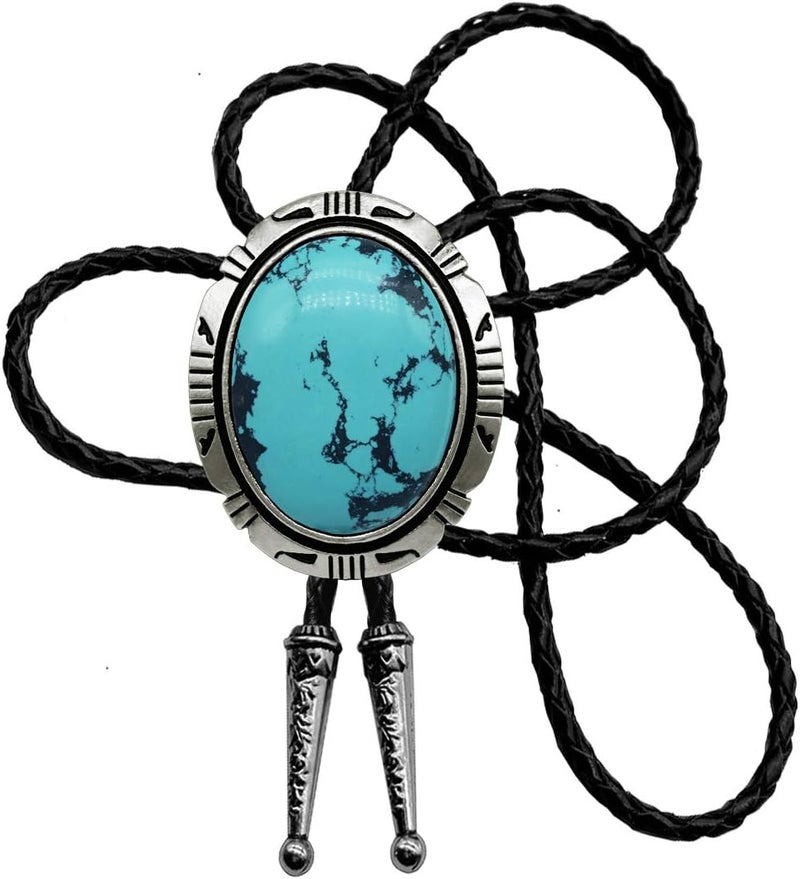 Moranse Bolo Tie With Emerald Blue and Black or More Colors Stone Celtic Style Genuine and Cowhide Rope - Image 1