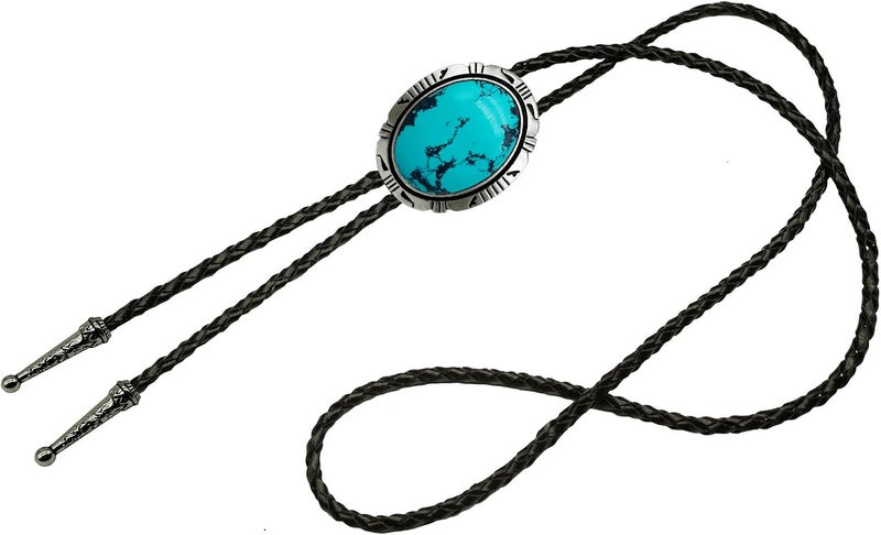 Moranse Bolo Tie With Emerald Blue and Black or More Colors Stone Celtic Style Genuine and Cowhide Rope - Image 2