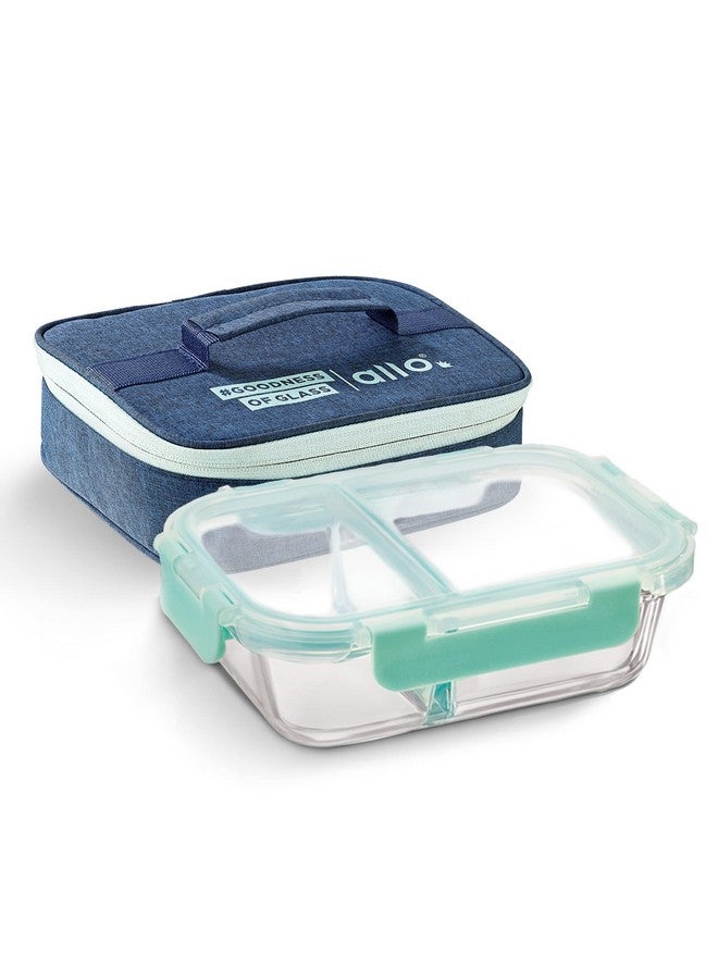 Allo Allo FoodSafe Compartment Glass Lunch Box with Break Free Lock, Oven & Microwave Safe, Borosilicate Glass Container with Partition Divider, Office Tiffin with Denim Blue Bag, 580ml, Rectangle  - Image 1