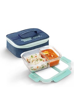 Allo Allo FoodSafe Compartment Glass Lunch Box with Break Free Lock, Oven & Microwave Safe, Borosilicate Glass Container with Partition Divider, Office Tiffin with Denim Blue Bag, 580ml, Rectangle  - Image 3