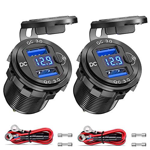 Qidoe 12V USB Outlet 2 Pack, Dual Quick Charge 3.0, Socket Waterproof Aluminum Charger with LED Voltmeter and Power Switch, Adapter for Marine Motorcycle Truck Golf Cart RV, Car etc. - Image 1