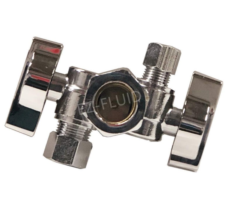 EZFluid 58 Comp OD X 14 Comp X 38 Comp 14 Turn Double Metal Two Handles Dual Outlet Brass Angle Stop Valve Water Shut Off Ball Valve For Water Pipes LFFaucet ToiletDishwasherFilter1
