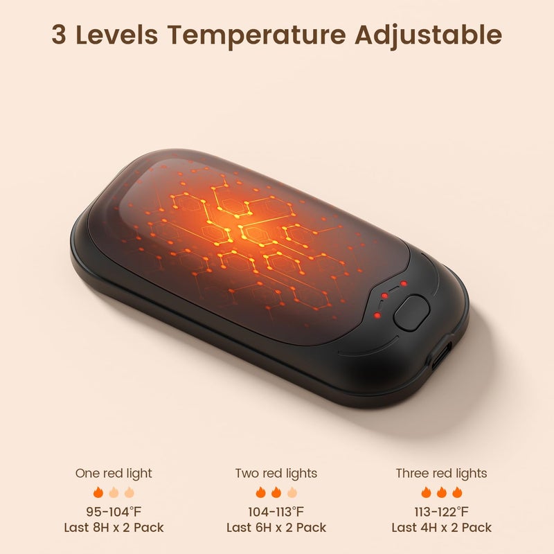 infray Hand Warmers Rechargeable 2 Pack, Electric Hand Warmer Reusable 3 Levels Heating Pocket Warmer, USB AI Handwarmer Portable, Great Gifts for Men Women, Outdoor, Golf, Hunting (Black) - Image 3