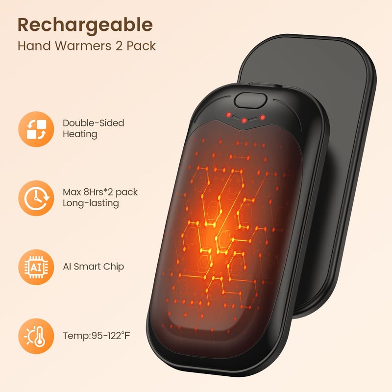 infray Hand Warmers Rechargeable 2 Pack, Electric Hand Warmer Reusable 3 Levels Heating Pocket Warmer, USB AI Handwarmer Portable, Great Gifts for Men Women, Outdoor, Golf, Hunting (Black) - Image 2