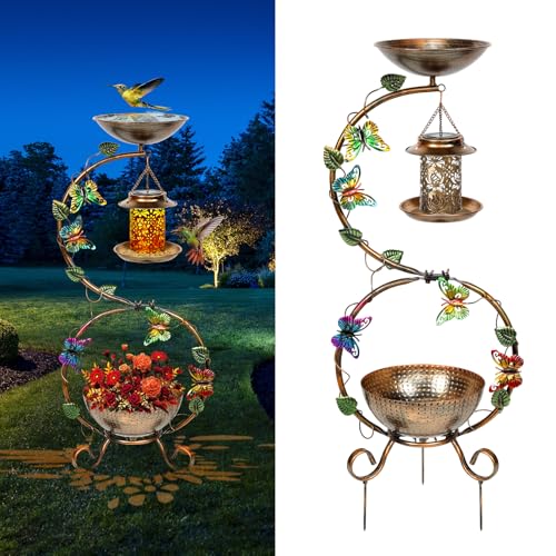 FIMOFIDRE 3 In 1 Bird Bath for Outside and Solar Bird Feeders Combo with Flower Planter Pedestal 38 Metal Bird Baths Heavy Duty for Outdoors Vintage Birdbaths for Garden Yard Lawn Decor Waterproof - Image 1