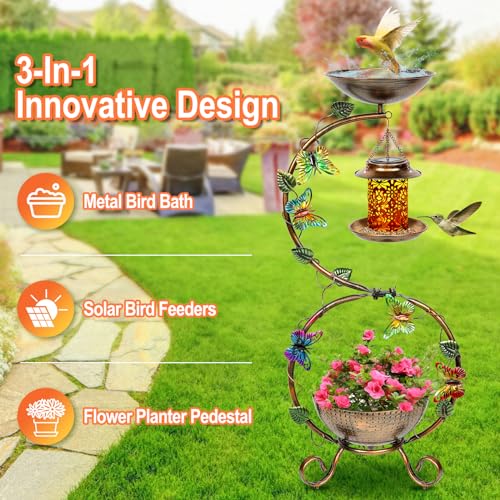 FIMOFIDRE 3 In 1 Bird Bath for Outside and Solar Bird Feeders Combo with Flower Planter Pedestal 38 Metal Bird Baths Heavy Duty for Outdoors Vintage Birdbaths for Garden Yard Lawn Decor Waterproof - Image 3