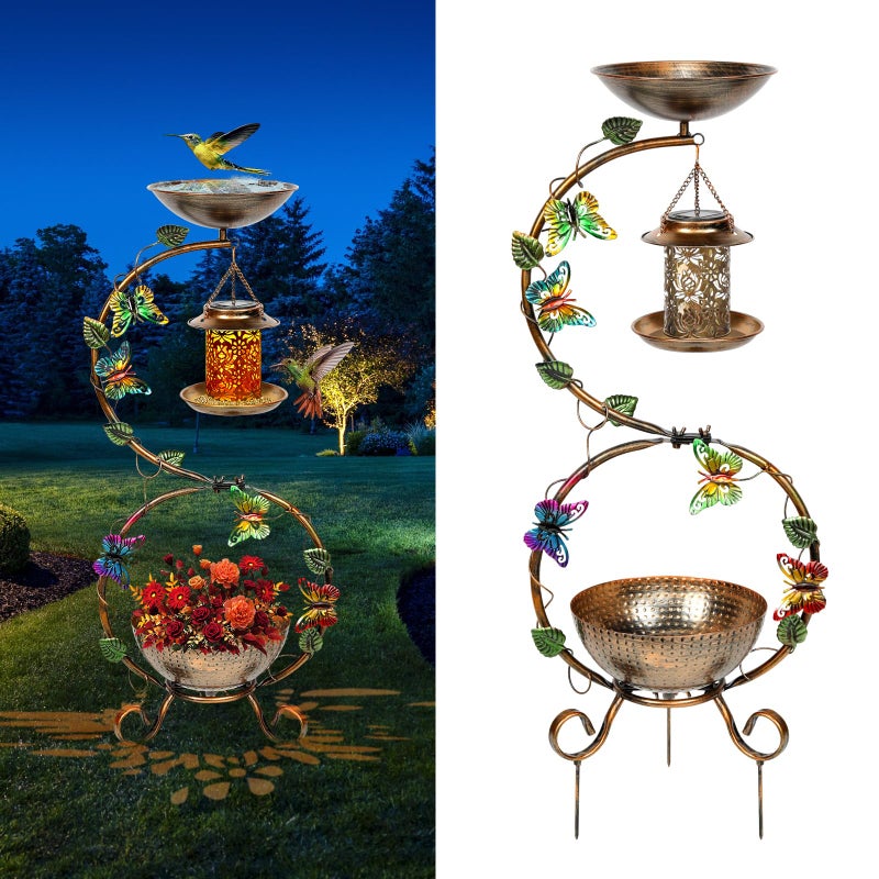 FIMOFIDRE 3 In 1 Bird Bath for Outside and Solar Bird Feeders Combo with Flower Planter Pedestal 38 Metal Bird Baths Heavy Duty for Outdoors Vintage Birdbaths for Garden Yard Lawn Decor Waterproof - Image 2