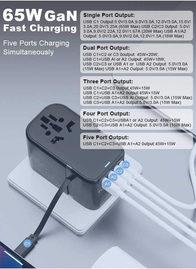 Xoopla - Universal Travel Adapter PD 65W,International Wall Charger Adapter with 2 USB C (2 x 20W) and 2 USB A (2 x 18W) Ports,Built-in Retractable Fast Charging Type C Cable/Dual Fuse/Surge Protect,All In One Worldwide Converter Power Plugs Socket for PD 3.0/2.0, QC3.0,PPS,iPhone,Samsung,MacBook Air and More - Image 1