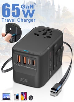 Xoopla Universal Travel Adapter PD 65W,Fast Charging International Wall Charger with 2 USB-C and 2 USB-A Ports,Built-in Retractable Type C Cable,All In One Worldwide Converter Power Plug for UK AUS EU Plugs Socket  - Image 1