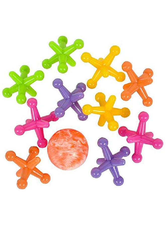 ArtCreativity Large Neon Jacks Game 3 Sets Each Set With 10 Plastic Jacks And 1 Marbleized Rubber Ball Vintage Toys Fun Activity For Kids Birthday Party Favors For Boys And Girls - Image 1