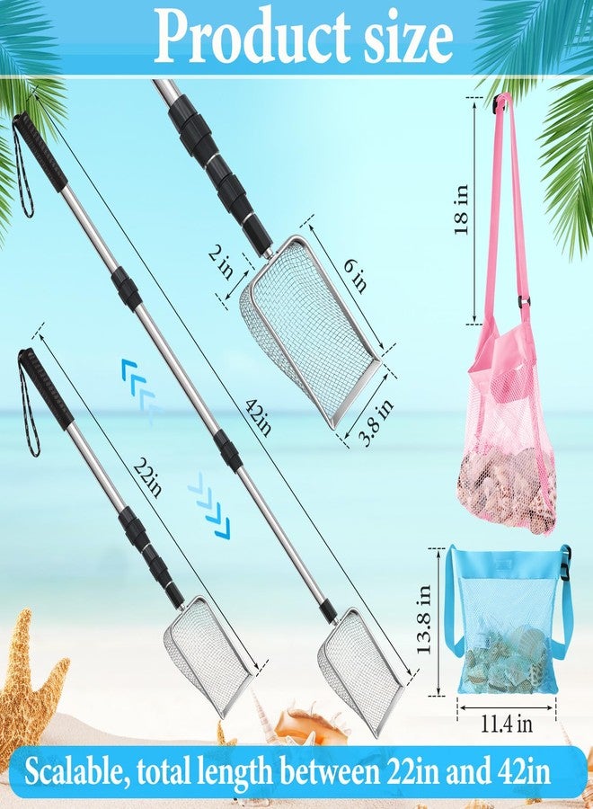 Liliful 6 Pcs New Shelling Tools for Beach Include 2 Shark Tooth Sifter with Adjustable Handle 2 Sand Scoop Shell Scooper and 2 Shell Bags Beach Shark Tooth Sifter Dipper (Pink, Blue,Upgraded) - Image 2