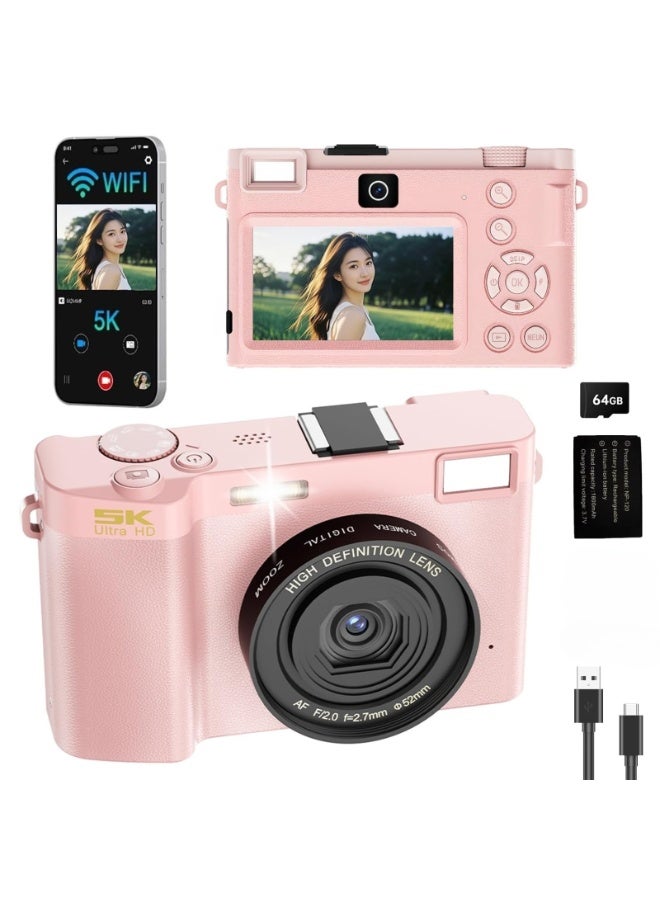 Generic Digital Camera 5K 64MP Vlogging Camera with Front and Rear Dual Lens, 18X Zoom, WiFi, 3.0inch HD Screen, Anti-Shake CMOS Sensor, Wide Angle, Macro, for Travel and Photography, 64G TF Card,1 Batteries - Image 1