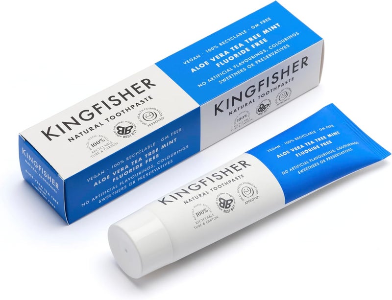 Kingfisher معجون أسنان كينغفيشر الطبيعي بالصبار وشجرة الشاي والنعناع خالي من الفلورايد نباتي ونباتي معتمد من مؤسسة صحة الفم خالي من الغلوتين وخالي من الكائنات المعدلة وراثيًا أفضل شراء من المستهلك الأخلاقي 3 × 100 مل أنابيب - Image 1