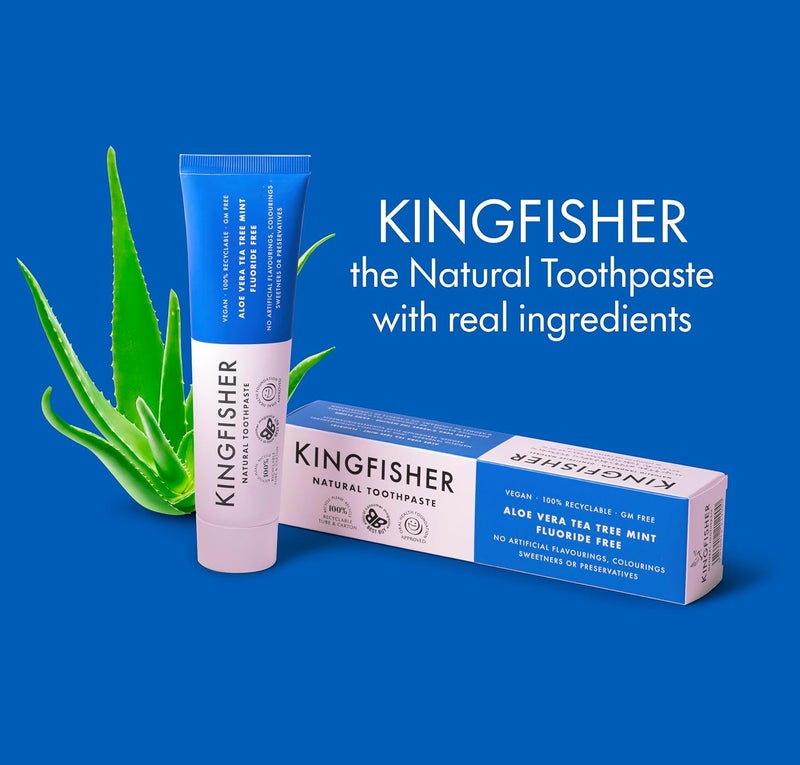 Kingfisher معجون أسنان كينغفيشر الطبيعي بالصبار وشجرة الشاي والنعناع خالي من الفلورايد نباتي ونباتي معتمد من مؤسسة صحة الفم خالي من الغلوتين وخالي من الكائنات المعدلة وراثيًا أفضل شراء من المستهلك الأخلاقي 3 × 100 مل أنابيب - Image 5
