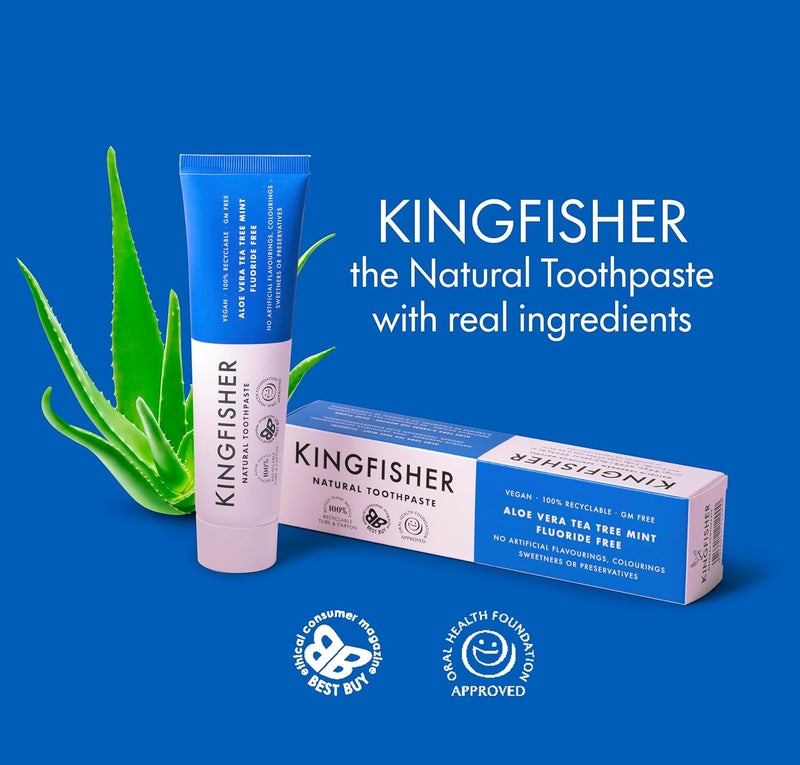 Kingfisher معجون أسنان كينغفيشر الطبيعي بالصبار وشجرة الشاي والنعناع خالي من الفلورايد نباتي ونباتي معتمد من مؤسسة صحة الفم خالي من الغلوتين وخالي من الكائنات المعدلة وراثيًا أفضل شراء من المستهلك الأخلاقي 3 × 100 مل أنابيب - Image 3