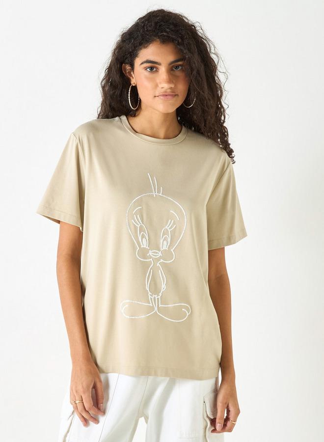 SP Characters Tweety Detail Crew Neck T-shirt with Short Sleeves - Image 1