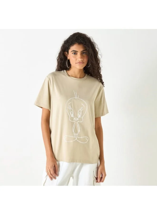 SP Characters Tweety Detail Crew Neck T-shirt with Short Sleeves