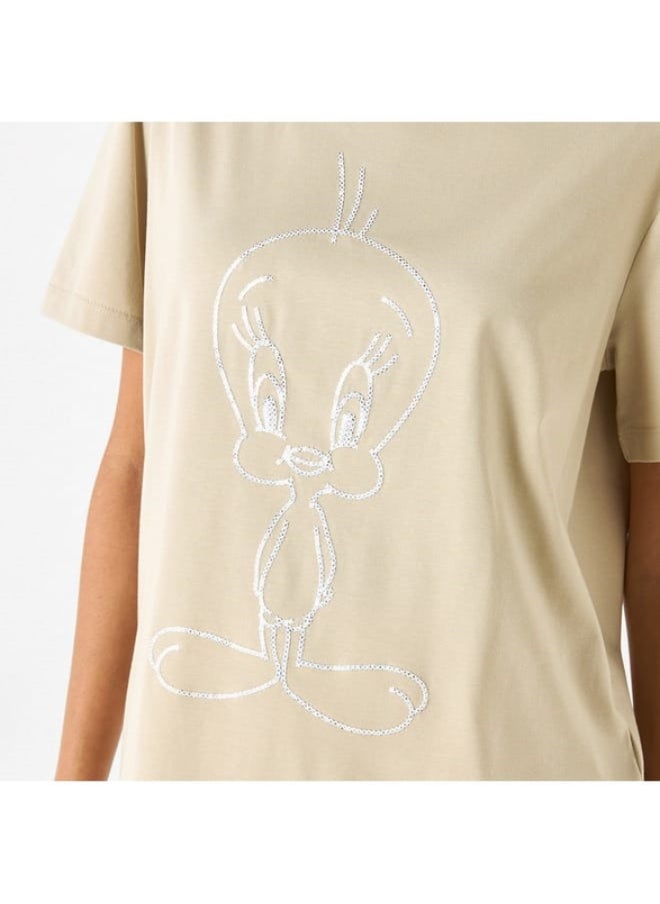 SP Characters Tweety Detail Crew Neck T-shirt with Short Sleeves  - Image 4