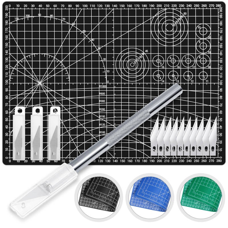 Anezus Exacto Knife with Hobby Mat for Crafts Self Healing Cutting Mat Hobby Knife with 30 PCS Exacto Blades Precision Knife for Art and Crafts Paper Scrapbooking Stencil Black