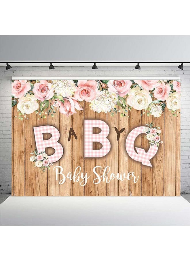 MEHOFOND - 7X5Ft Bbq Girl Baby Shower Photo Background Rustic Wood Pink And White Lattice Floral Girl Princess Party Cake Table Banner Decor Photo Backdrop Props - Image 1
