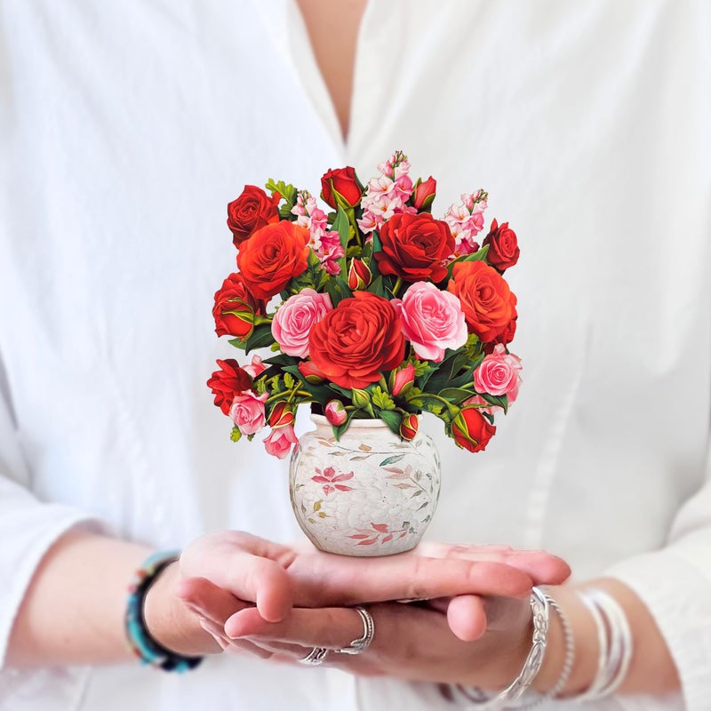 Freshcut Paper Pop Up Cards, Mini Blooming Roses, 6 Inch Mini Sized Forever Flower Bouquet 3D Popup Greeting Cards, Valentine's Day, Anniversary Card, Blank Notecard & Envelope - Image 1