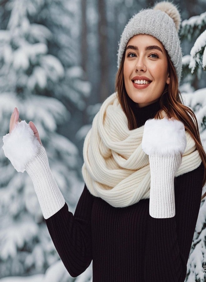 cnomg Winter Faux Fur Fingerless Gloves Faux Fur Half Finger Warmers Fingerless Gloves for Women Girls Working Writing (Standard, White, Regular) - Image 3