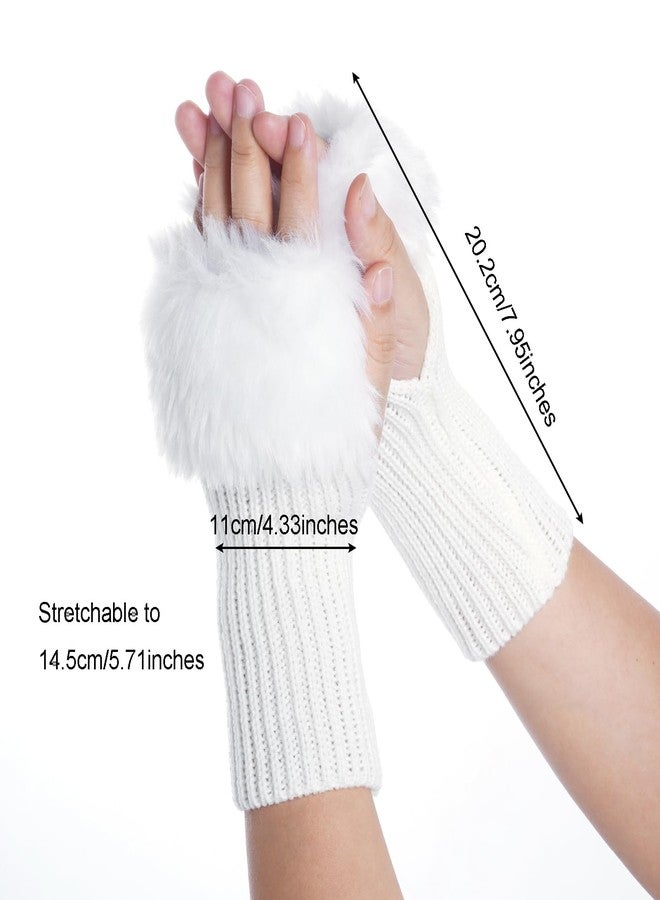 cnomg Winter Faux Fur Fingerless Gloves Faux Fur Half Finger Warmers Fingerless Gloves for Women Girls Working Writing (Standard, White, Regular) - Image 2