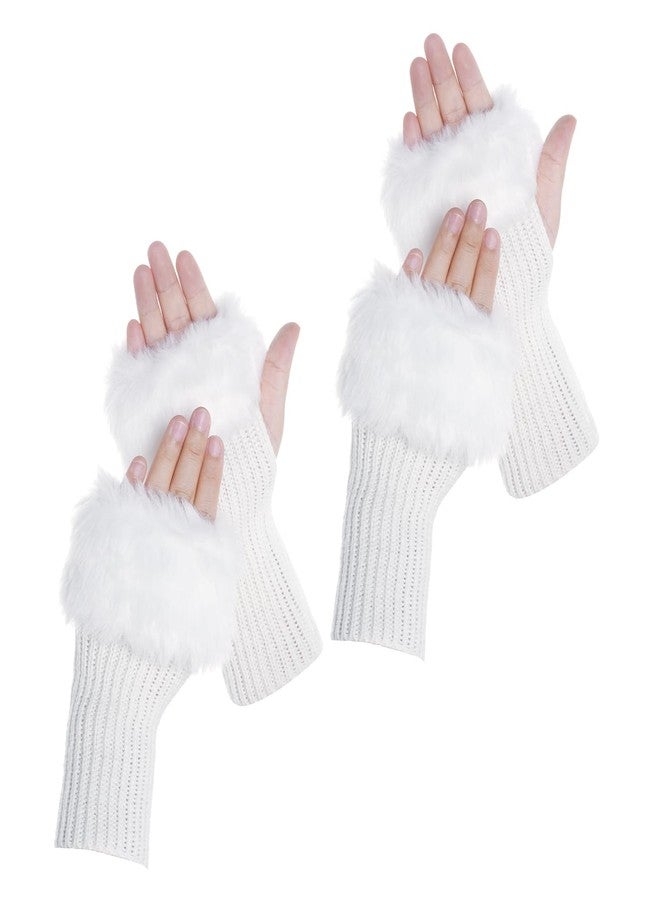 cnomg Winter Faux Fur Fingerless Gloves Faux Fur Half Finger Warmers Fingerless Gloves for Women Girls Working Writing (Standard, White, Regular) - Image 1