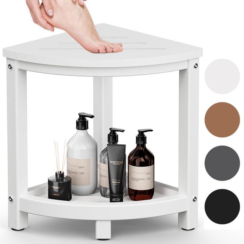 ONSGLM Shower Stool for Inside Shower, Corner Shower Bench Seat, HDPE Waterproof Shower Stool for Shaving Legs with Baffle Storage Shelf, Shower Seat/Foot Rest for Bathroom, Indoor/Outdoor Use, White - Image 1