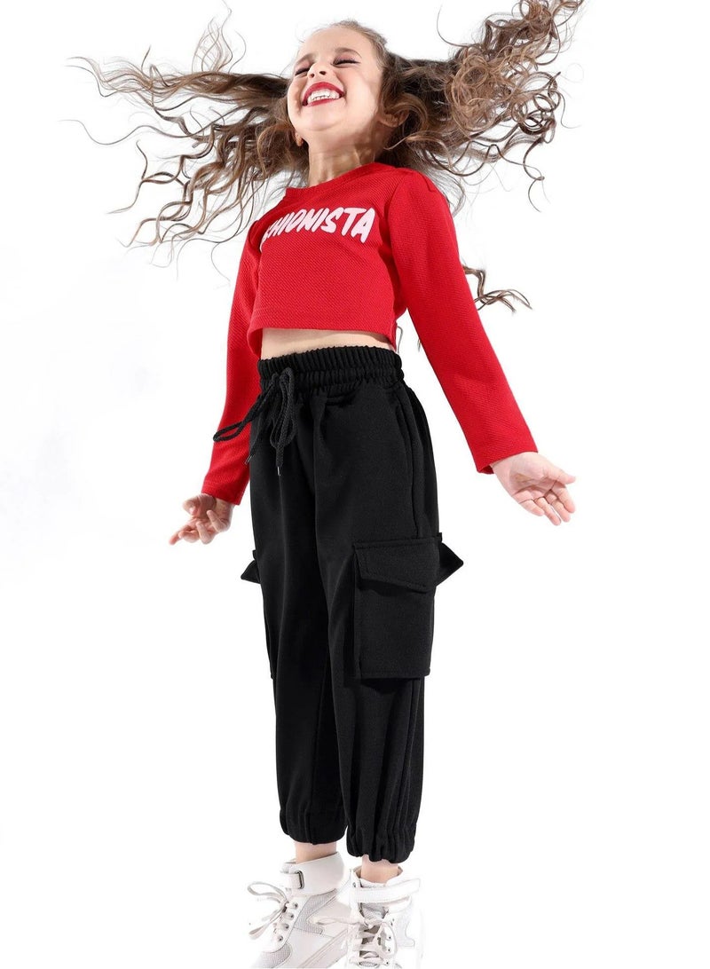 Ollington St. - Waffle Full Sleeves Top & Cargo Joggers Set With Text Print - Red & Black  - Image 1