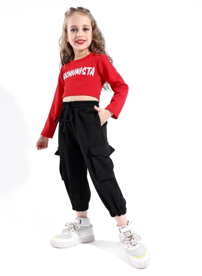Ollington St. - Waffle Full Sleeves Top & Cargo Joggers Set With Text Print - Red & Black  - Image 2