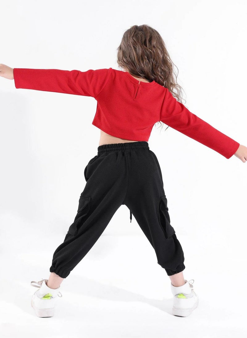Ollington St. - Waffle Full Sleeves Top & Cargo Joggers Set With Text Print - Red & Black  - Image 3