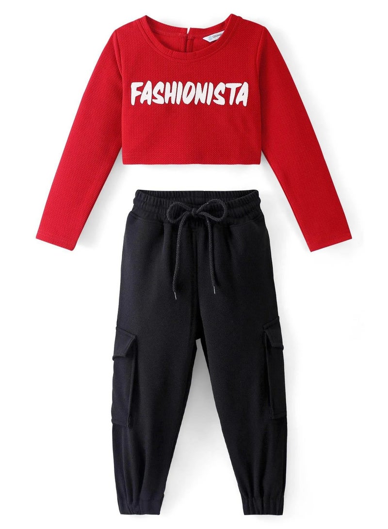 Ollington St. - Waffle Full Sleeves Top & Cargo Joggers Set With Text Print - Red & Black  - Image 4