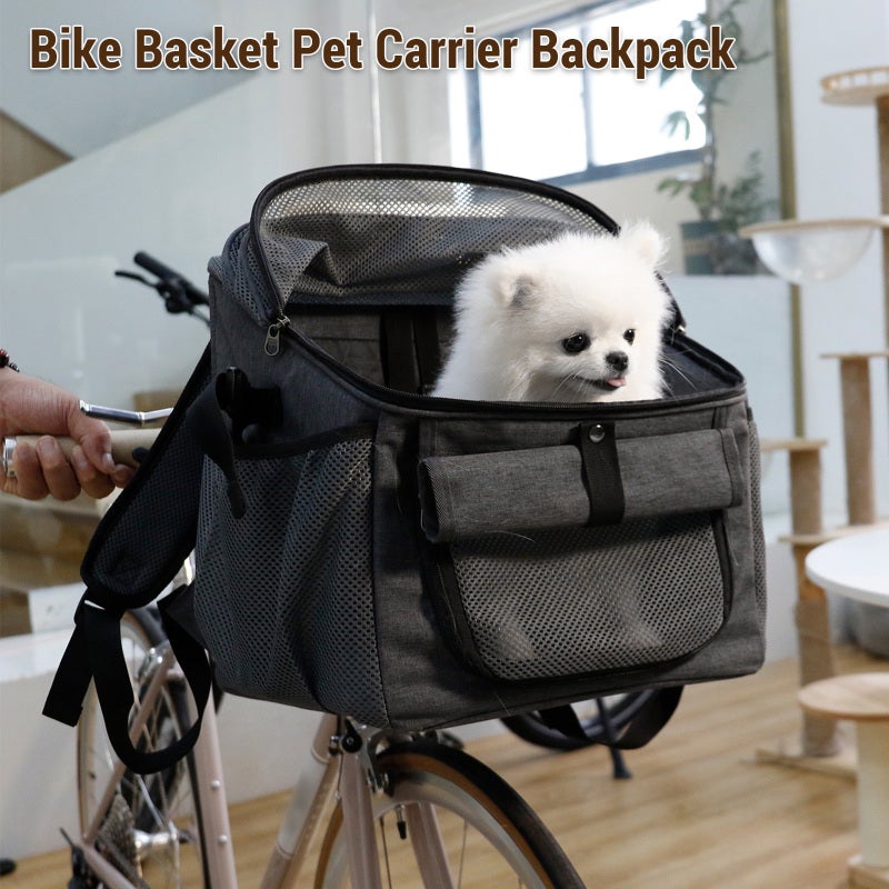 Dog Bike Carrier Backpack Oxford Cloth Breathable Mesh Windows 2 Storage Pockets - Convertible Shoulder Bag Car Seat for Small Dogs Cats Outdoor Rides - Image 2