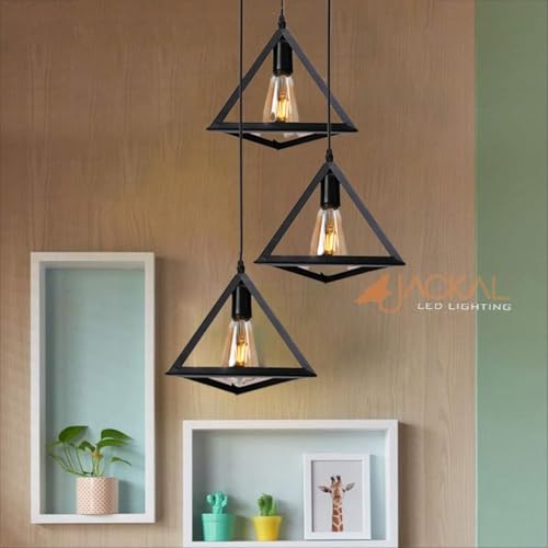 JACKAL Metal 3 Set Vintage Triangle Shape Pendant Light | Hanging Ceiling Light with Braided Cord | Decorative, Fancy Lights for Home, Living Room, Café, Restaurants & Bar (Black) - Without Bulb - Image 5