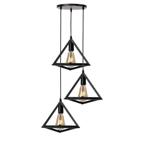 JACKAL Metal 3 Set Vintage Triangle Shape Pendant Light | Hanging Ceiling Light with Braided Cord | Decorative, Fancy Lights for Home, Living Room, Café, Restaurants & Bar (Black) - Without Bulb - Image 1